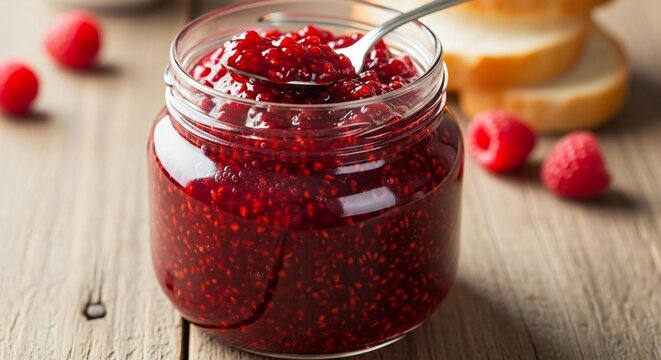 Homemade raspberry jam in a glass jar with fresh raspberries and slices of bread