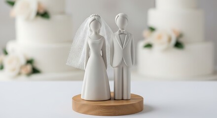 Symbolic wedding topper figurine of a bride and groom, against a cake backdrop