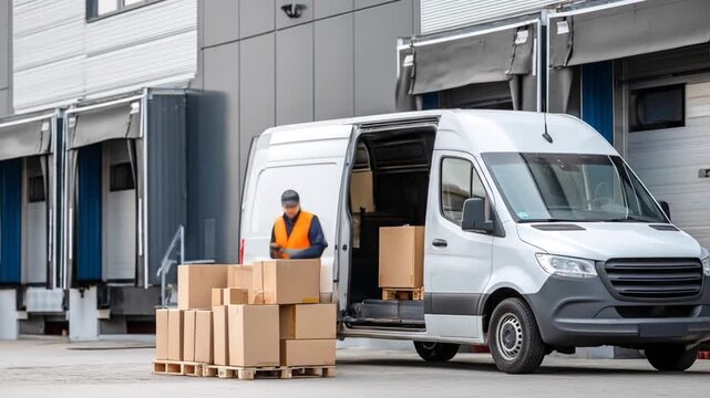 Worker loading cardboard boxes into a white van outside a gray warehouse dock
