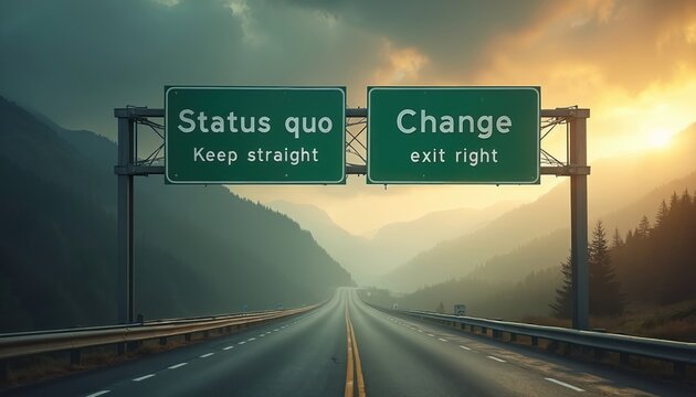 Road sign presents crossroads with options status quo change, future path exit. Represents life decisions, business choices. Highway leads to decision. Metaphor of transformation risk at horizon.