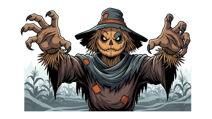 Spooky Scarecrow: A detailed, artistic depiction of a scarecrow, designed in a horror-style, set against a stylized cornfield backdrop, exuding a sense of dread and mystery.