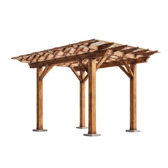 Rustic wooden pergola with a slatted roof, four sturdy posts, and square bases.  Provides shade and outdoor shelter
