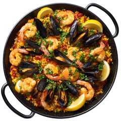 Saffron-hued paella brimming with succulent shrimp, plump mussels, and lemon wedges, artfully arranged in a dark pan