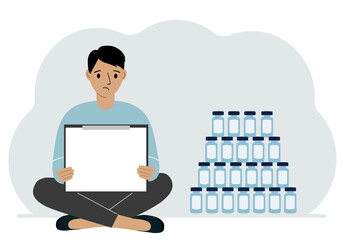 A man holds a clipboard with a blank sheet of paper in his hands. There are many jars of vaccines nearby. Vector flat illustration