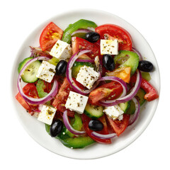 Overhead view of a vibrant Greek salad on a white plate, featuring feta cheese, tomatoes, cucumbers, red onions, and Kalamata olives, seasoned with herbs