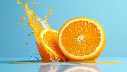Fresh orange halves with splashing juice, isolated on light blue background, blank space for slogan
