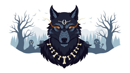 Mystical Wolf Illustration: A captivating illustration of a majestic wolf, adorned with symbolic jewelry, set against a stylized forest backdrop, evokes a sense of mystery and intrigue. 