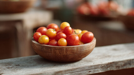 Wooden bowl filled with ripe, colorful cherry tomatoes. Natural light and rustic setting create an appealing, organic feel. Perfect for food, health, or lifestyle content.