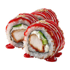 Crispy fried chicken sushi rolls, drizzled with spicy red sauce, sesame seeds, and creamy filling; partially sliced to show interior