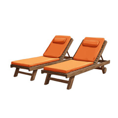 Two wooden chaise lounges with orange cushions, positioned side-by-side, featuring simple, sturdy frames and headrests