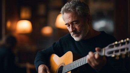 Mature man engrossed in playing acoustic guitar. Focused, thoughtful expression. Evokes passion, skill, music, artistry, hobby, relaxation, lifestyle.