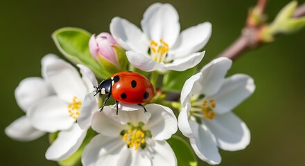 Red ladybug with black spots on a white apple blossom.
