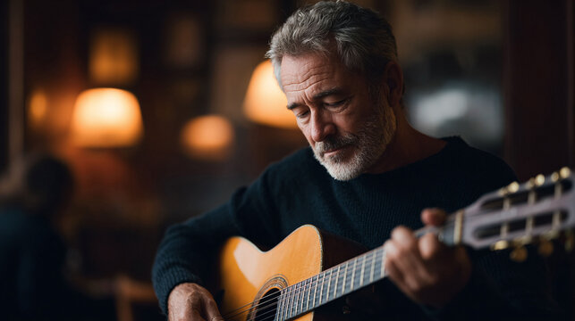Mature man engrossed in playing acoustic guitar. Focused, thoughtful expression. Evokes passion, skill, music, artistry, hobby, relaxation, lifestyle.