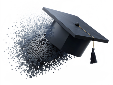  black graduation cap disintegrating into pixels on  white background ,PNG. AI  Generated 