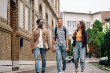 Fototapeta premium University students walking and talking on campus