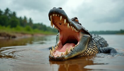 Obraz premium Fierce alligator in water with open mouth showing its sharp teeth. Dangerous predator reptile in wild nature. Ferocious animal lurks in river, swamp, marshland, hunting aquatic wildlife.