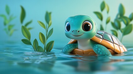 Cute cartoon turtle swimming in a serene aquatic environment