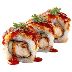 Three pieces of crispy, breaded chicken sushi rolls, drizzled with a sweet and savory sauce, garnished with parsley
