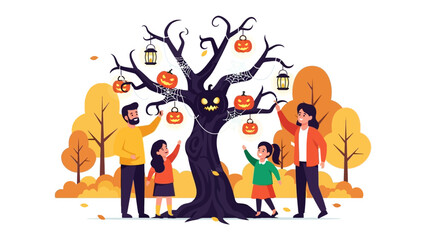 Halloween Family Fun under Spooky Tree: A vibrant illustration showcases a joyful family enjoying the spooky ambiance of Halloween, their attention focused on the creatively adorned tree. 