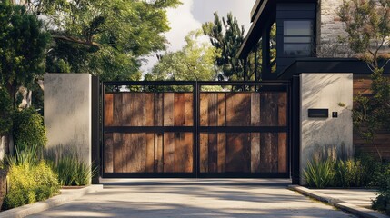 Rustic-modern gate with a balance of reclaimed wood and minimalist metal accents
