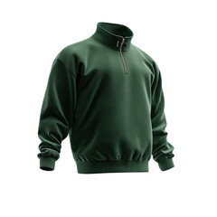 A dark-green, half-zip pullover sweatshirt with ribbed cuffs and hem, shown in a three-quarter profile view against a black background