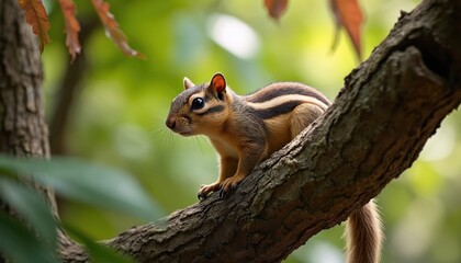 Fototapeta premium Indochinese ground squirrel on tree branch. Berdmore ground squirrel with fluffy tail sits in forest. Cute rodent portrait with striped fur, small ears, expressive eyes amid green foliage.