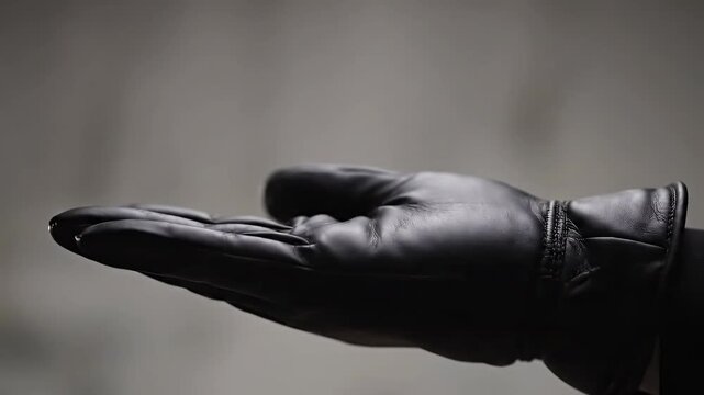 Close up of two hands wearing black leather gloves shaking.