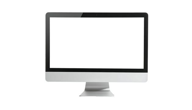 Sleek silver all-in-one desktop computer with a blank white screen, showcasing its minimalist design and modern aesthetics