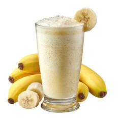 Creamy banana smoothie in a tall glass, surrounded by fresh bananas (1)