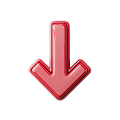 Glossy, three-dimensional downward-pointing arrow rendered in a vibrant coral pink hue with a subtle, layered effect