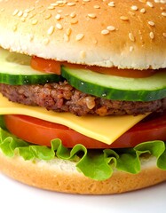 Close-up of a juicy cheeseburger