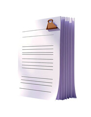 A 3D rendering of a stack of lined paper secured by a bronze binder clip, slightly angled, showing pages and lines
