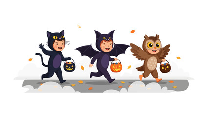 Halloween Trick-or-Treaters: Adorable children dressed in whimsical costumes gleefully embark on their trick-or-treat adventure, carrying jack-o'-lantern buckets.