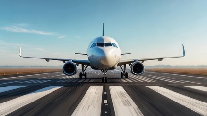 Obraz premium Powerful airplane accelerates down runway, engines roaring, ready for takeoff into a clear blue sky