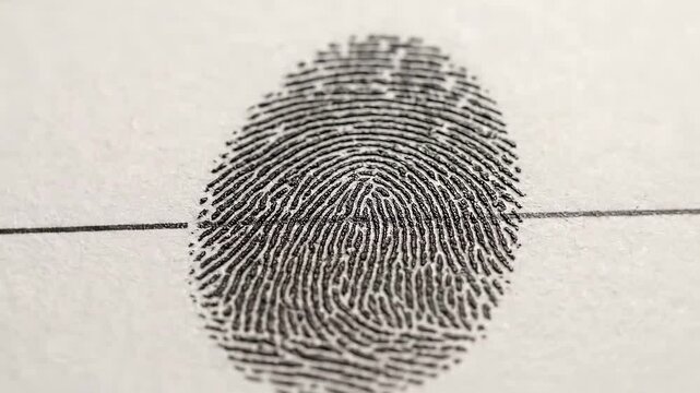 Closeup of a clear black fingerprint on a white document showing intricate ridge patterns for identification.