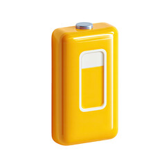 Shiny yellow rectangular container with a smaller, off-white, rectangular window showing a partially filled yellow liquid, topped with a metallic cap