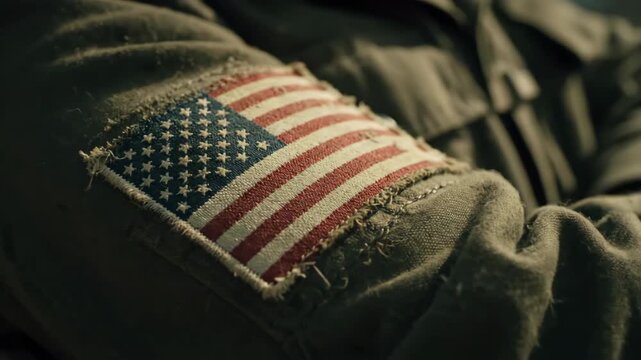Close Up of Weathered United States Flag Patch Sewn Onto Olive Green Military Uniform Sleeve at Daytime