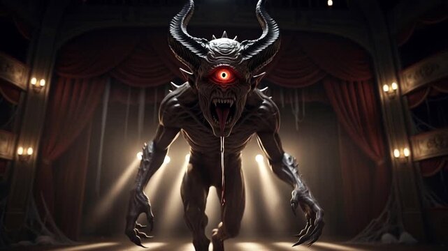 Terrifying One-Eyed Demon Emerges on Stage with Red Curtains and Dramatic Lighting