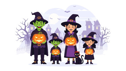 Spooky Halloween Gathering: A family embraces the Halloween spirit, costumed in witch attire, holding carved jack-o'-lanterns. The night scene enhanced by spooky decorations and a cat.