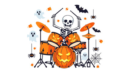 Spooky Beat: A skeletal drummer pounds out a rhythmic beat on a pumpkin-themed drum set, surrounded by playful ghosts, bats, and spiderwebs, creating a festive Halloween scene.