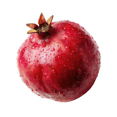 Single, vibrant red pomegranate, covered in water droplets