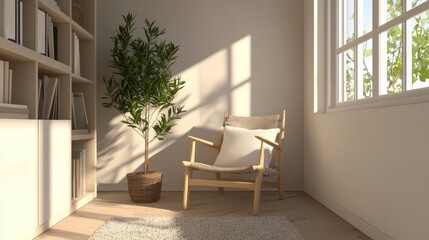 Scandinavian compact reading area with a light wood chair, simple decor, and a focus on maximizing light and space