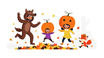 Halloween Fun: A family dressed in costumes enjoys a joyful moment jumping in leaves during halloween, with pumpkins and a playful wolf, evoking autumn delight.