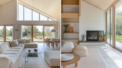 Scandinavian modern home style with stress-relief focus: clean lines, light woods, soft fabrics, and a simple color scheme for a serene vibe