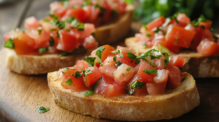 Delectable Italian Bruschetta Appetizer Featuring Fresh Tomatoes and Herbs on Toasted Bread