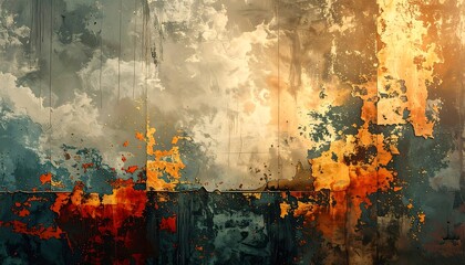 Abstract artwork showcasing a textured wall with aged paint and weathered effects, exhibiting various colors