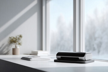 Minimalist workspace featuring a modern printer by a bright window with a snowy scene. Evokes productivity, efficiency, and focus. Ideal for business, office, or tech related content.