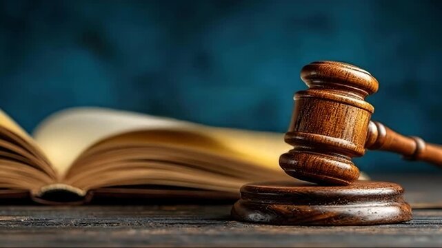 law books in courtroom with wooden hammer.