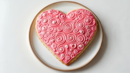 Fototapeta premium Stunning pink heart-shaped cookie with elegant royal icing swirls and delicate pearls, perfect for Valentine's Day or romantic celebrations.