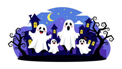 Halloween Ghosts' Gathering: An adorable gathering of cartoon ghosts in front of a haunted house with a scary vibe is set in the nighttime.